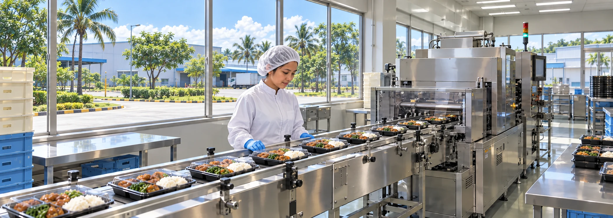 Ilustrasyon ng kagamitan sa paghahatid at pag-iimpake ng pagkain sa pang-industriyang lugar sa Pilipinas