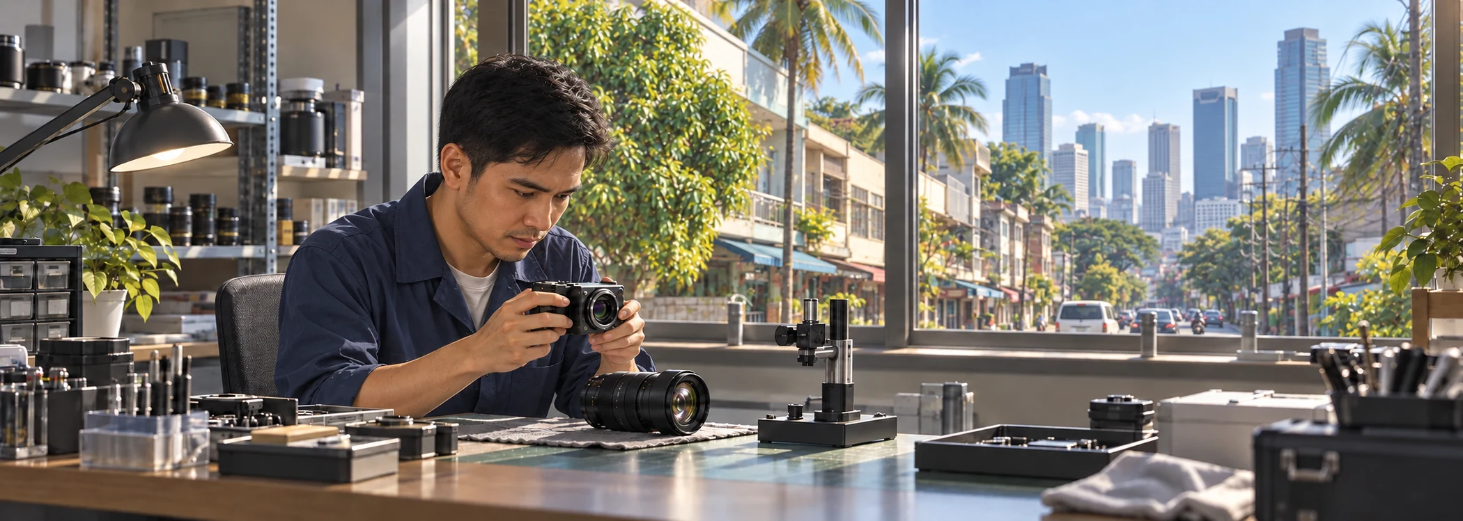 Ilustrasyon ng pagsusuri ng camera at precision optical component sa isang kalye sa Maynila