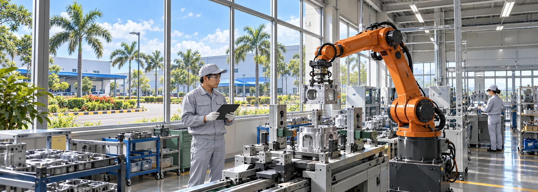 Ilustrasyon ng pang-industriyang robotic assembly sa isang pasilidad sa Pilipinas