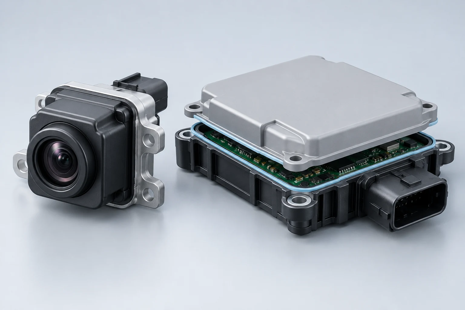 Ilustrasyon ng aplikasyon sa camera ng sasakyan at nakabukas na controller assembly