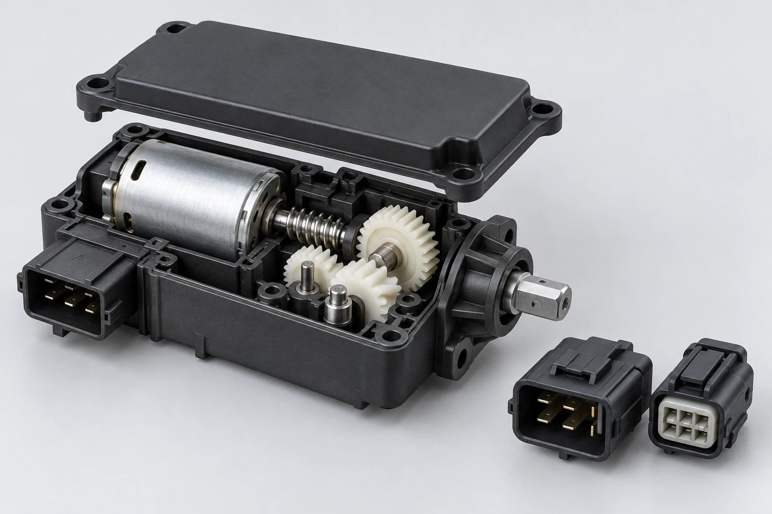 Orihinal na ilustrasyon ng aplikasyon sa compact actuator ng sasakyan at mga elektrikal na connector