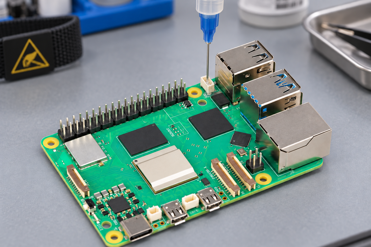 Ilustrasyon sa workbench ng tumpak na paglalagay ng materyal sa connector ng board