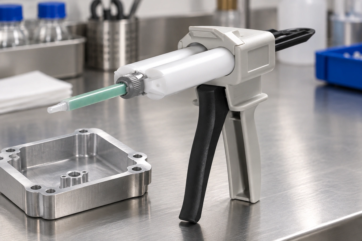 Inedit na ilustrasyon ng two-part cartridge gun na may tuwid na static mixer sa tabi ng flange ng housing